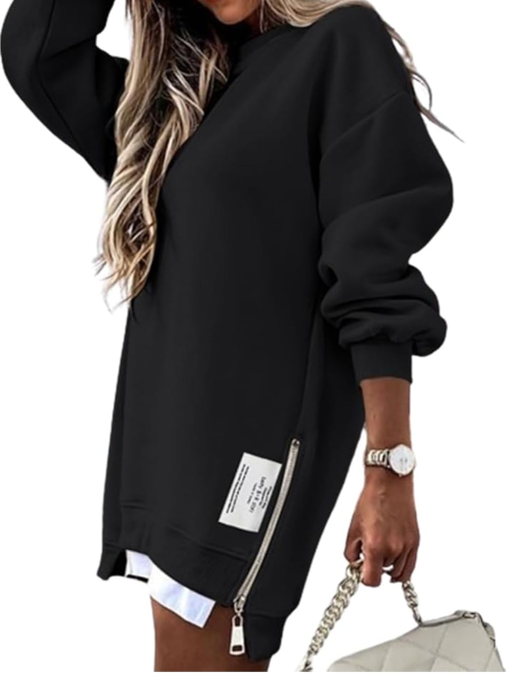 Black Oversized Zip-Hem Dress